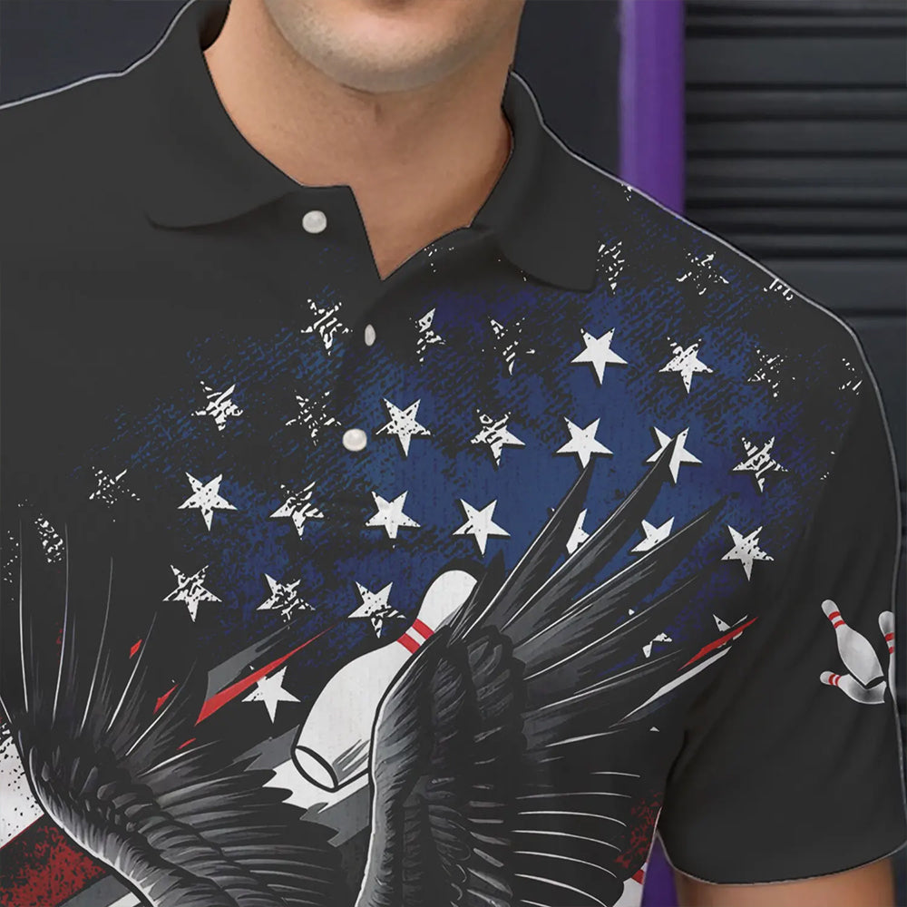 Personalized American Flag Eagle Men Bowling Polo Shirts, Patriotic US Bowling League Shirt  IPHW8731