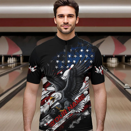 Personalized American Flag Eagle Men Bowling Quarter-Zip Shirts, Patriotic US Bowling League Shirt  IPHW8731