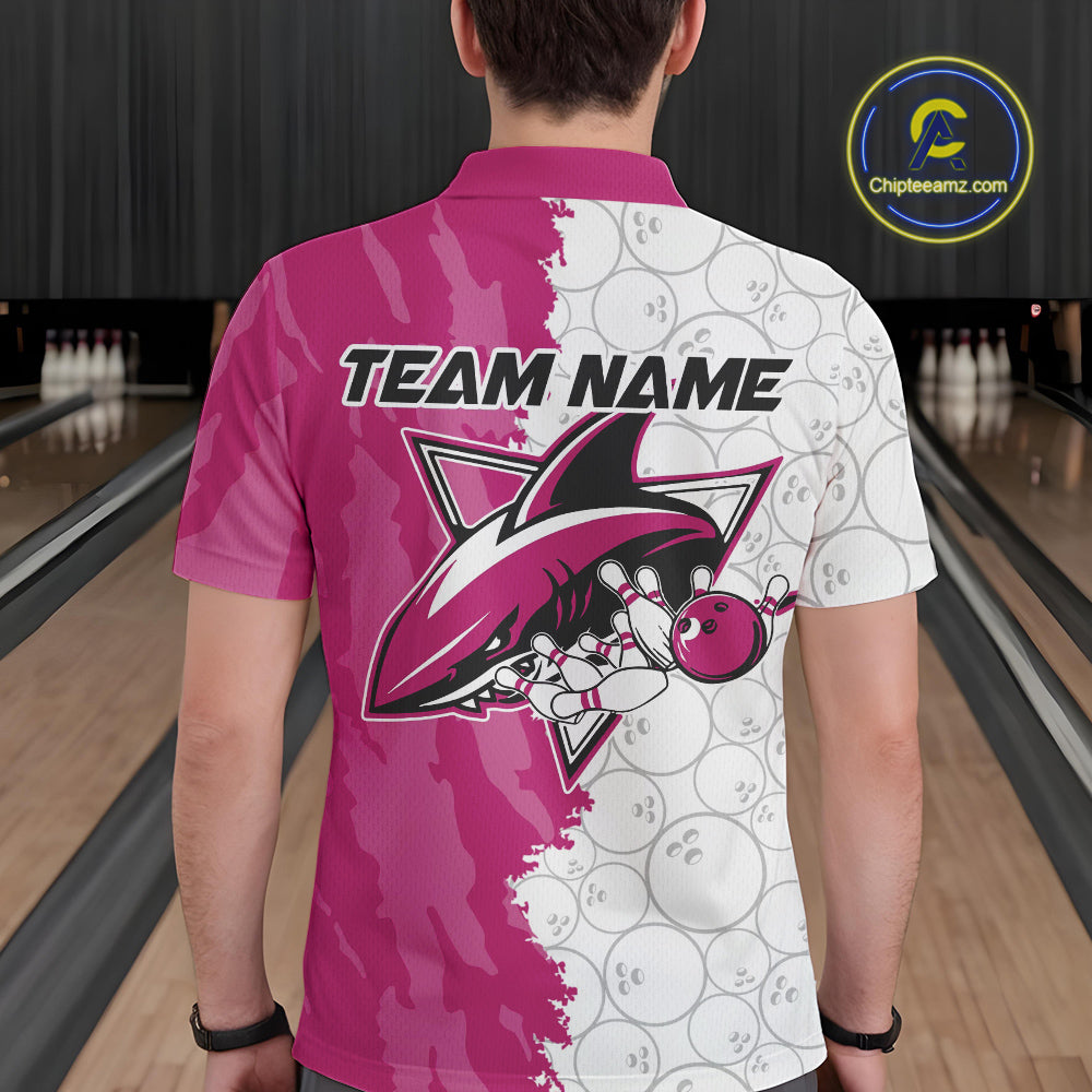 Custom White And Pink Shark Bowling Polo Shirts For Men, Shark Bowling League Shirt IPHW8992