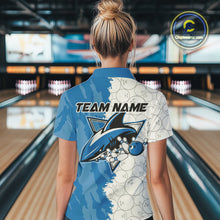 Load image into Gallery viewer, Custom White And Blue Shark Bowling Polo Shirts For Women, Shark Bowling League Shirt IPHW8993