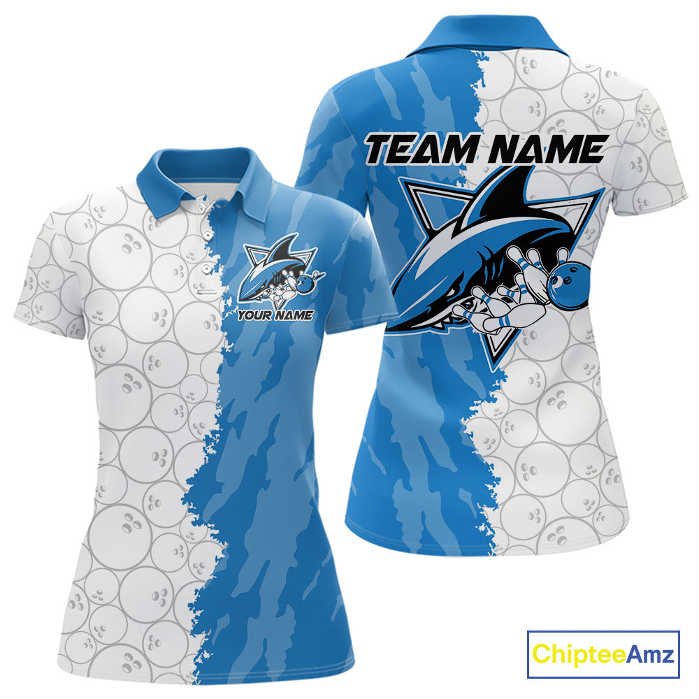 Custom White And Blue Shark Bowling Polo Shirts For Women, Shark Bowling League Shirt IPHW8993