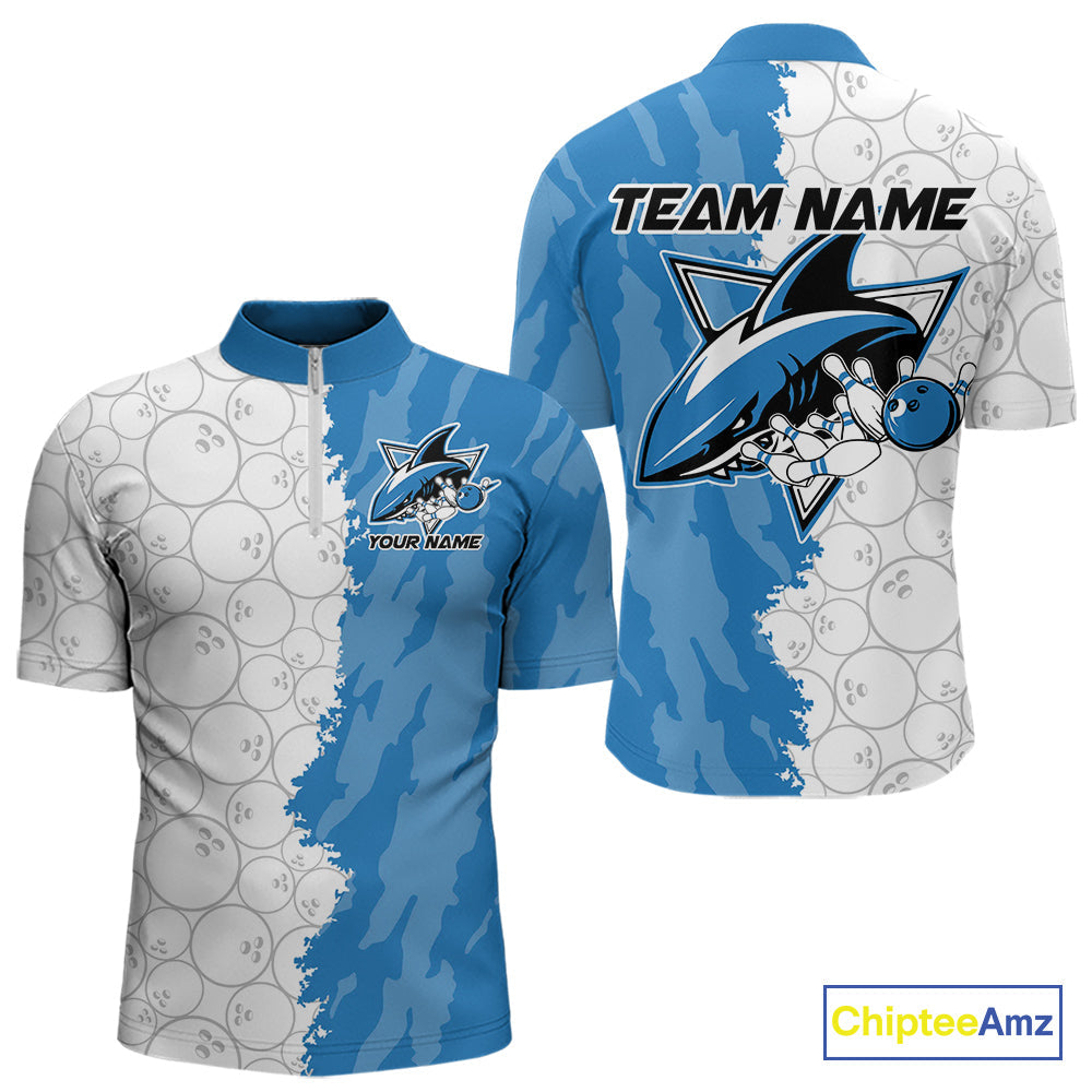 Custom White And Blue Shark Bowling Quarter-Zip Shirts For Men, Shark Bowling League Shirt IPHW8993