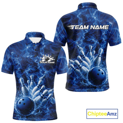 Front and back mens bowling polo featuring a blue bowling ball crashing through pins with dramatic flames.