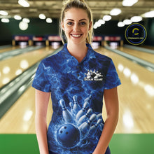 Load image into Gallery viewer, Custom Blue Fire Flame Bowling Women Polo Tournament Shirt, Team Bowling Jerseys IPHW11102