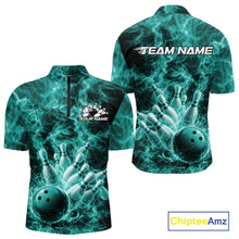 Load image into Gallery viewer, Custom Turquoise Blue Fire Flame Bowling Men Quarter-Zip Tournament Shirt, Team Bowling Jerseys IPHW11104