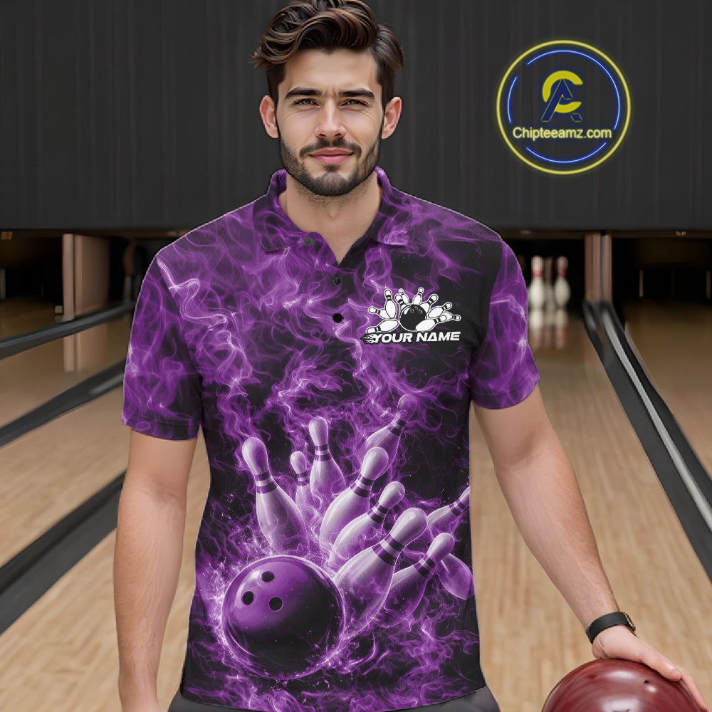 Male model wearing a bowling polo at the bowling lane with purple bowling ball artwork and blazing flames.