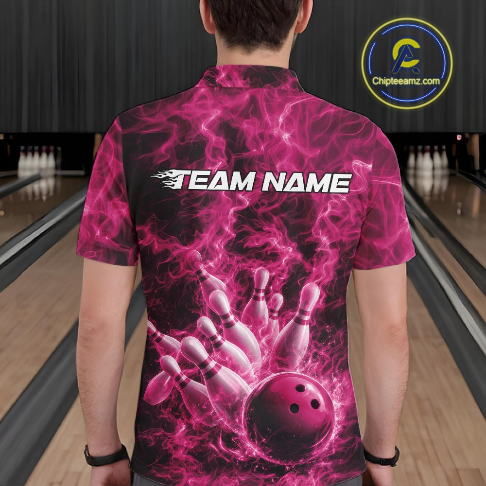 Back view of a mens bowling polo showcasing a pink bowling ball knocking down pins against flames.