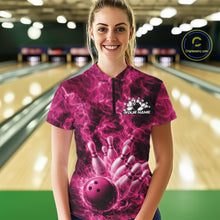 Load image into Gallery viewer, Custom Pink Fire Flame Bowling Women Quarter-Zip Tournament Shirt, Team Bowling Jerseys IPHW11106