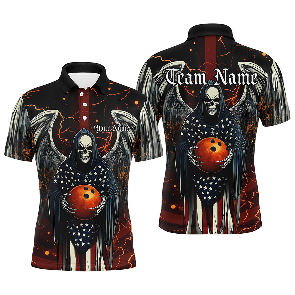Custom Us Bowling Shirts For Men, American Flag Skull Patriotic Bowling Team Shirt Outfit IPHW7607