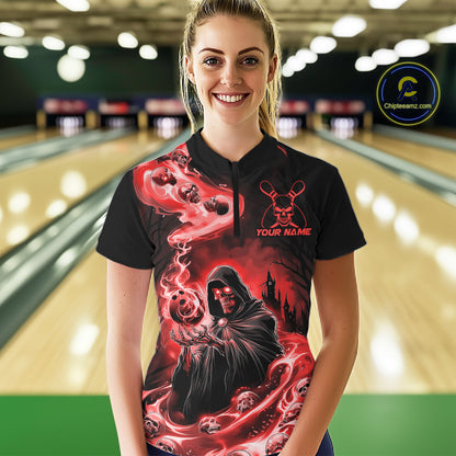Black And Red Grim Reaper Custom Halloween Bowling Team Shirts For Men, Bowling Gifts IPHW7614
