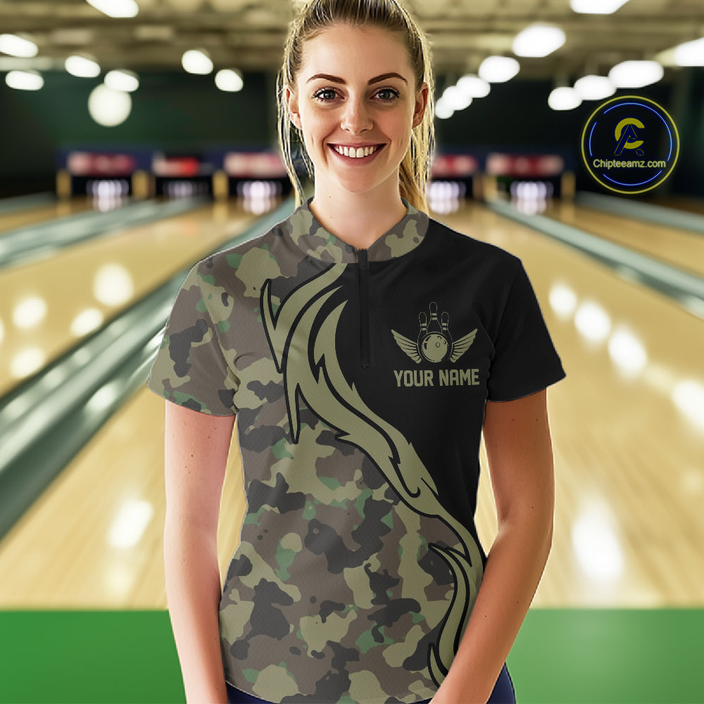Military Green Camo Custom Army Bowling Team Shirts Ladies Bowling League Shirts IPHW5515