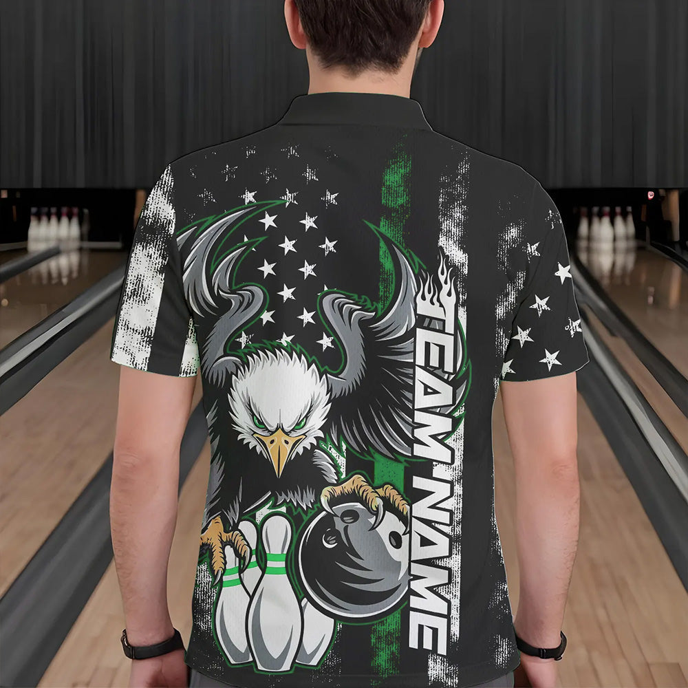 Custom Green Thin Line American Flag Eagle Bowling Men Polo Shirts, Patriotic US Bowling Shirt IPHW8737
