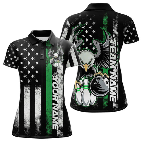 Custom Green Thin Line American Flag Eagle Bowling Women Polo Shirts, Patriotic US Bowling IPHW8737