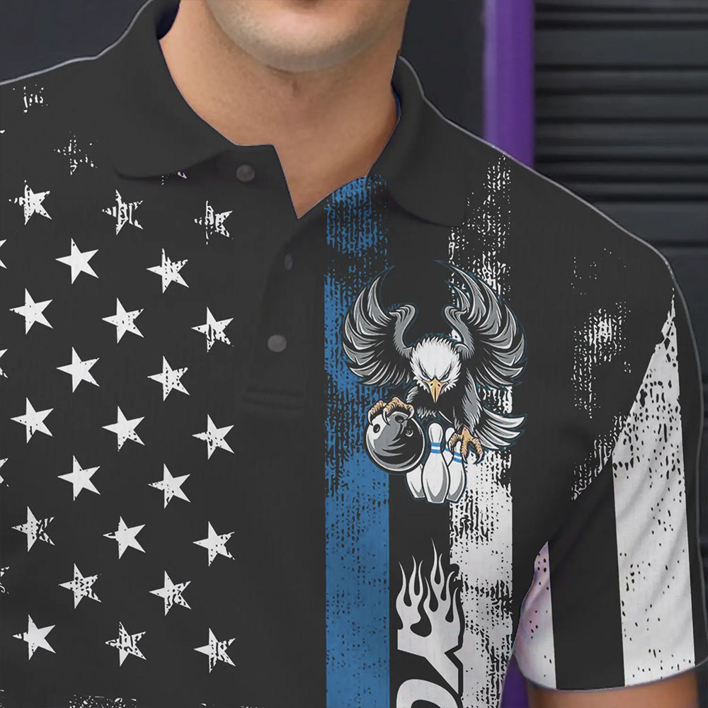 Custom Blue Thin Line American Flag Eagle Bowling Men Polo Shirts, Patriotic US Bowling Shirt IPHW8738
