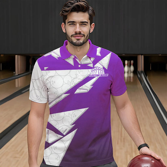 Custom White And Purple Bowling Team Polo Shirts For Men, Bowling Ball Pattern Bowlers Outfit IPHW8742