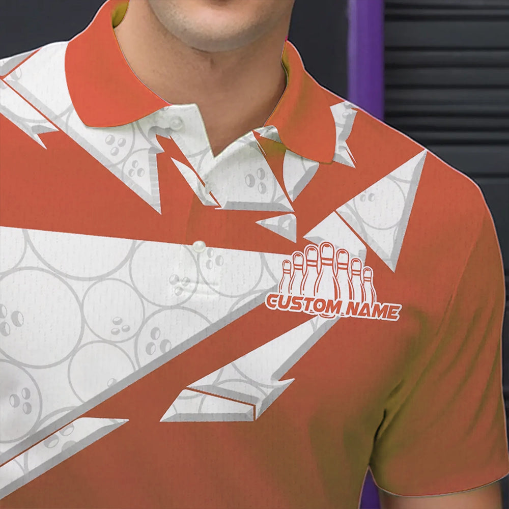 Custom White And Orange Bowling Team Polo Shirts For Men, Bowling Ball Pattern Bowlers Outfit IPHW8743