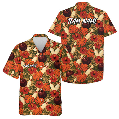 Custom Tropical Leaves And Hibiscus Flower Hawaiian Bowling Team Shirt For Men And Women IPHW10839