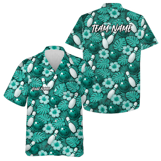 Custom Blue Tropical Leaves And Hibiscus Flower Hawaiian Bowling Shirts For Men And Women IPHW10849