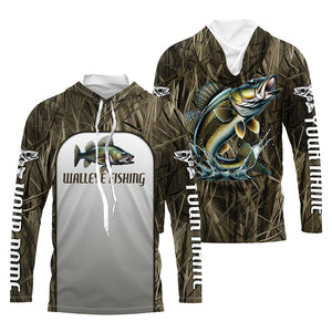 Walleye Fishing Grass Camo Custom Long Sleeve Fishing Shirts, Walleye Tournament Fishing Jerseys IPHW6245