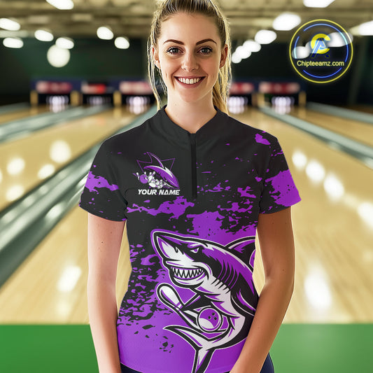 Custom Black And Purple Camo Shark Bowling Women Quarter-Zip Shirt, Tournament Shirt IPHW8997