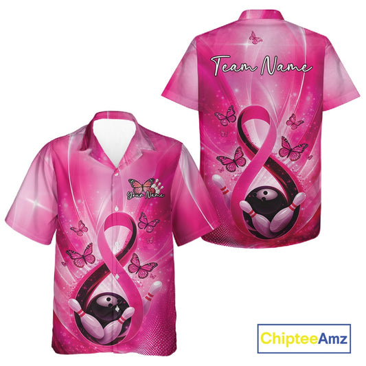 Button-up bowling shirt mockup featuring a pink awareness ribbon around a bowling ball with butterflies and bowling pins.