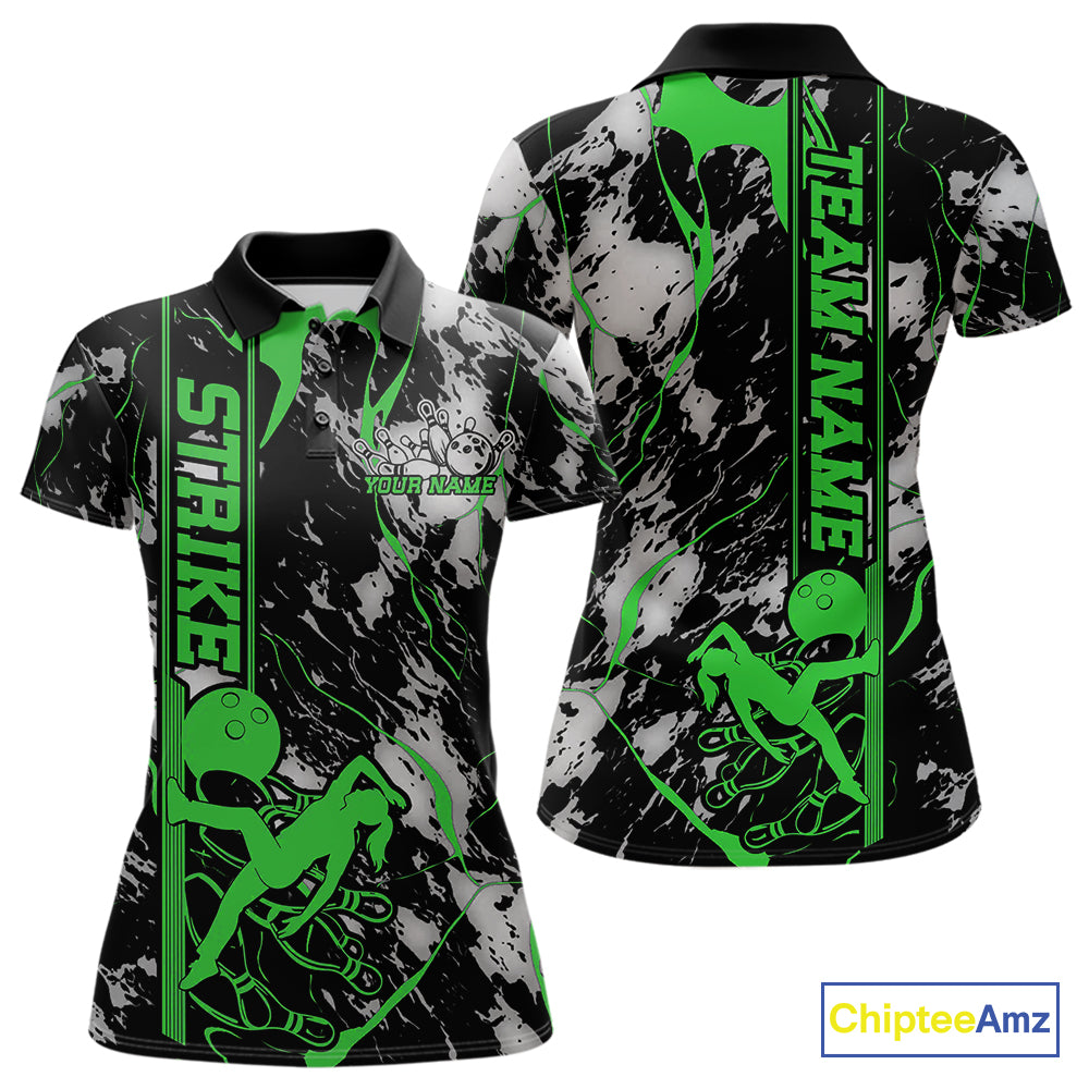Custom Green And Gray Camo Strike Women Bowling Polo Team Shirts, Strike Bowling Jersey IPHW9243