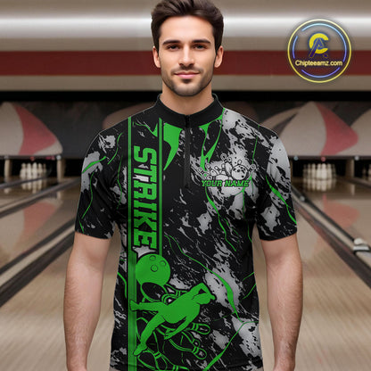 Custom Green And Gray Camo Strike Bowling Quarter-Zip Team Shirts For Men, Strike Bowling Jersey IPHW9243