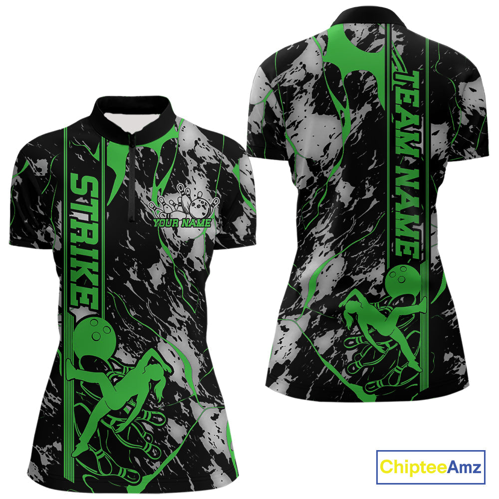 Custom Green And Gray Camo Strike Bowling Women Quarter-Zip Team Shirts, Bowling Jersey IPHW9243