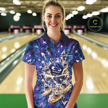Load image into Gallery viewer, Female model wearing a blue and purple bowling polo shirt at a bowling lane, showcasing a blue monster bowling ball leading monster bowling pins with overflowing beer mugs and bold graffiti-style splatter artwork.