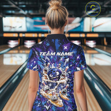 Load image into Gallery viewer, Back view of a female model wearing a blue and purple bowling polo shirt in a bowling lane, featuring a blue monster bowling ball leading monster bowling pins holding overflowing beer mugs with vibrant graffiti-style splatter graphics.