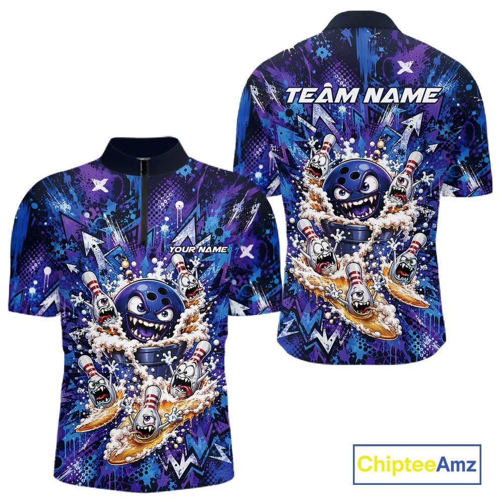 Front and back view of a blue and purple men's bowling quarter-zip shirt featuring a blue monster bowling ball leading monster bowling pins holding overflowing beer mugs with energetic graffiti-style splatter artwork.