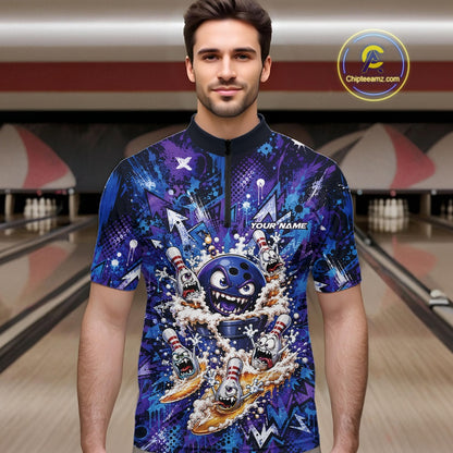 Front view of a male model in a bowling lane wearing a blue and purple bowling quarter-zip shirt showcasing a blue monster bowling ball leading monster bowling pins holding overflowing beer mugs with colorful graffiti-style splatter artwork.