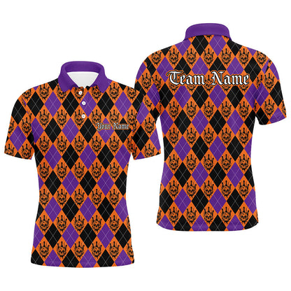 Orange And Purple Argyle Pattern Custom Skull Halloween Bowling Shirts For Men Bowlers Outfits IPHW7302