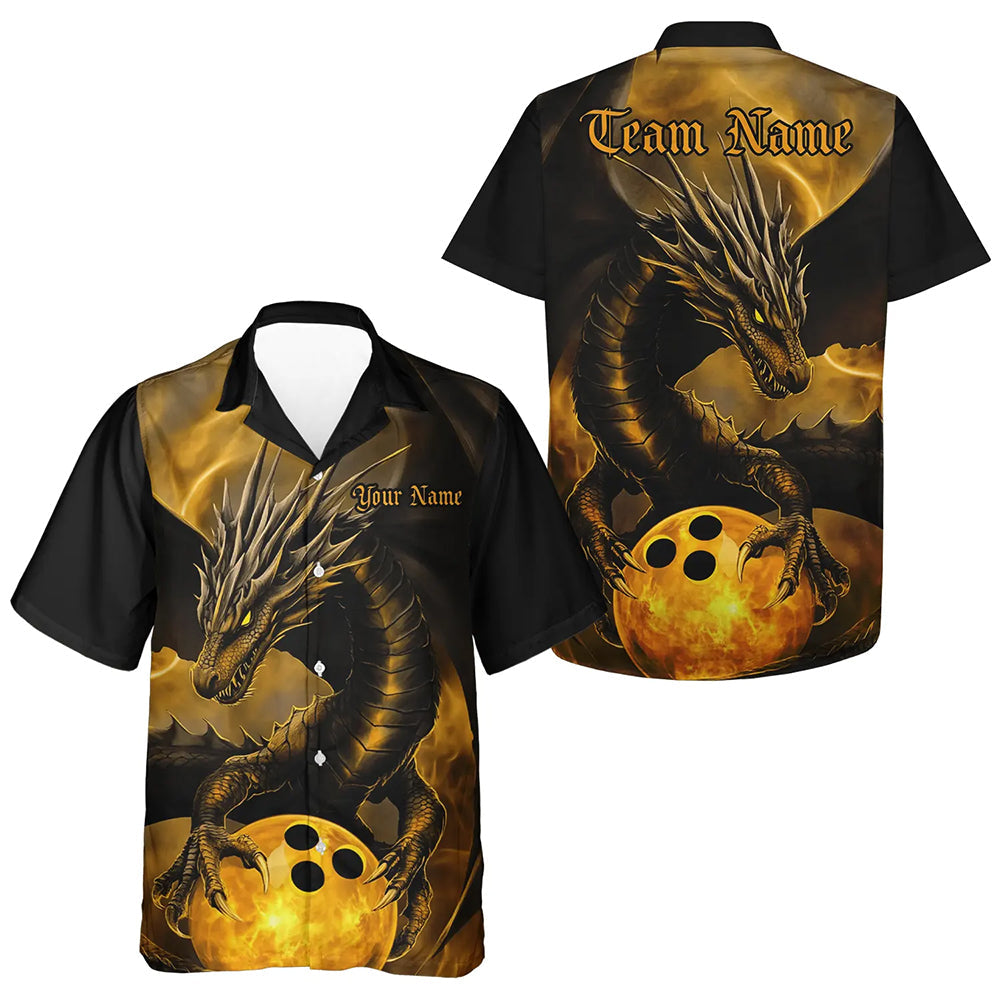 Black And Gold Custom Dragon Bowling Kid Hawaiian Shirts, Dragon Bowling League Shirts Outfits IPHW7308