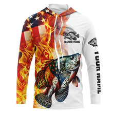 Load image into Gallery viewer, Flame American Flag Custom Crappie Fishing Shirts, Patriotic Crappie Long Sleeve Fishing Jerseys IPHW5967