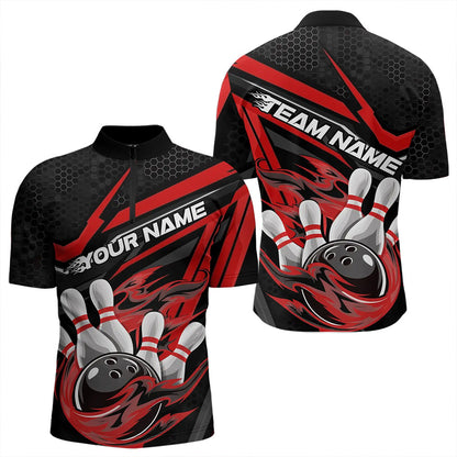 Custom Black And Red Flame Bowling Team Quarter-Zip Shirts For Men, Fire Bowling League Shirt IPHW8768