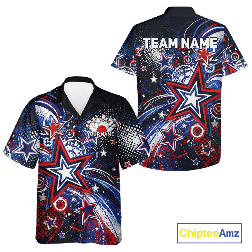 Front and back views of a custom bowling button up shirt featuring red, white, and blue patriotic stars, halftone dots, and a grunge texture design.