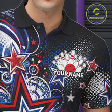 Load image into Gallery viewer, Close up front view of the left chest area on a custom bowling polo shirt featuring red, white, and blue patriotic stars, halftone dots, and a grunge texture design.