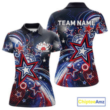 Load image into Gallery viewer, Front and back views of a custom women's bowling polo shirt featuring red, white, and blue patriotic stars, halftone dots, and a grunge texture design.