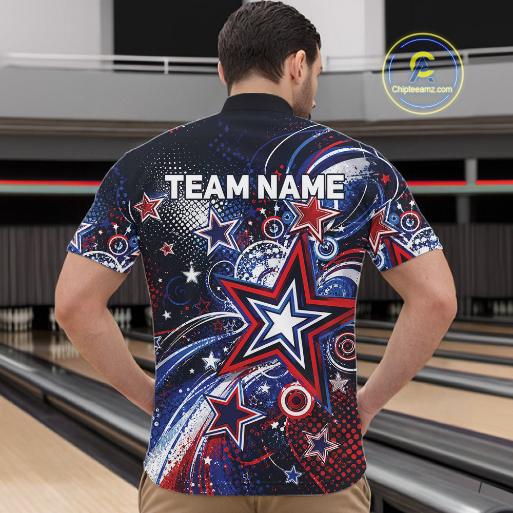 Back view of a male model in a bowling alley wearing a custom quarter zip bowling shirt featuring red, white, and blue patriotic stars, halftone dots, and a grunge texture design.
