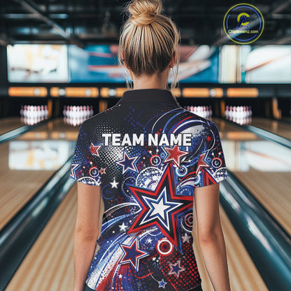 Back view of a female model in a bowling alley wearing a custom quarter zip bowling shirt featuring red, white, and blue patriotic stars, halftone dots, and a grunge texture design.
