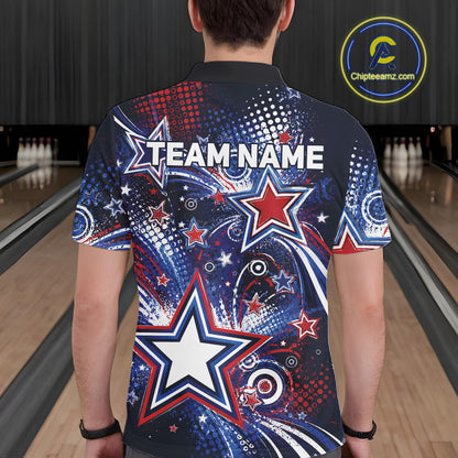 Back view of a male model in a bowling alley wearing a custom bowling polo shirt featuring red, white, and blue patriotic stars, halftone dots, and a grunge texture design.