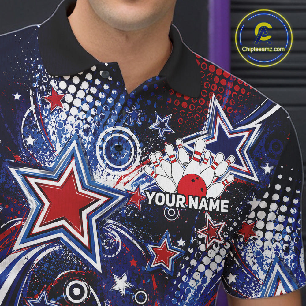 Close up front view of the left chest area on a custom bowling polo shirt featuring red, white, and blue patriotic stars, halftone dots, and a grunge texture design.