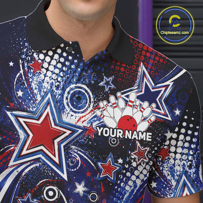 Close up front view of the left chest area on a custom bowling polo shirt featuring red, white, and blue patriotic stars, halftone dots, and a grunge texture design.