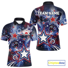 Load image into Gallery viewer, Front and back views of a custom men's bowling polo shirt featuring red, white, and blue patriotic stars, halftone dots, and a grunge texture design.