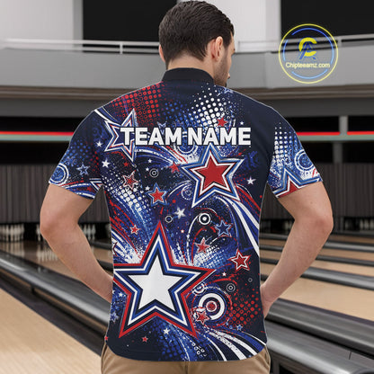 Back view of a male model in a bowling alley wearing a custom quarter zip bowling shirt featuring red, white, and blue patriotic stars, halftone dots, and a grunge texture design.