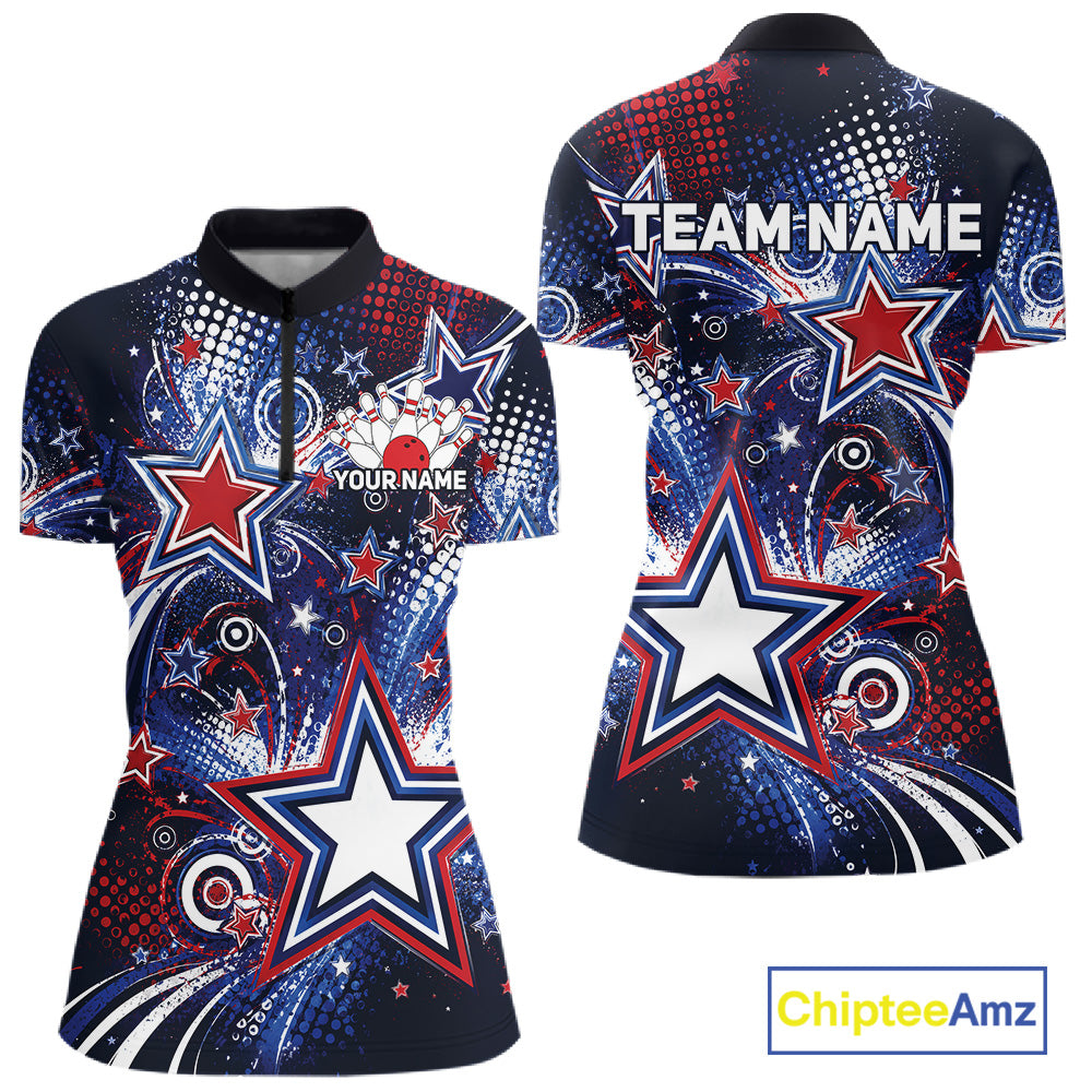 Front and back views of a custom women's quarter zip bowling shirt featuring red, white, and blue patriotic stars, halftone dots, and a grunge texture design.