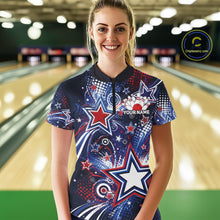 Load image into Gallery viewer, Front view of a happy female model in a bowling alley wearing a custom quarter zip bowling shirt featuring red, white, and blue patriotic stars, halftone dots, and a grunge texture design.