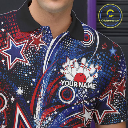 Close up front view of the left chest area on a custom bowling polo shirt featuring red, white, and blue patriotic stars, halftone dots, and a grunge texture design.