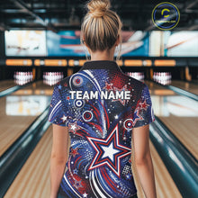 Load image into Gallery viewer, Back view of a female model in a bowling alley wearing a custom bowling polo shirt featuring red, white, and blue patriotic stars, halftone dots, and a grunge texture design.